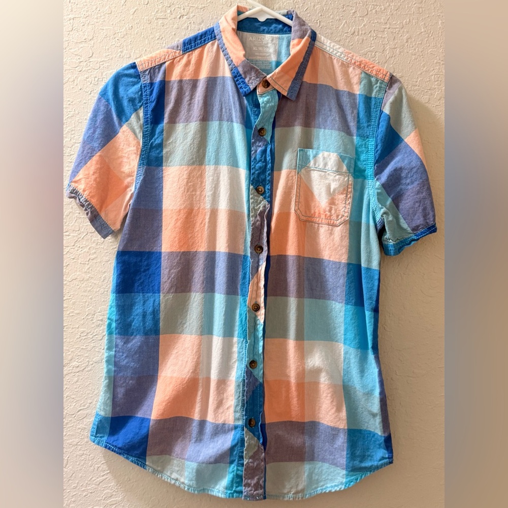 Arizona Jean Company Blue and Peach Plaid Kids Shirt
